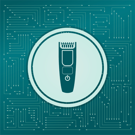 Shaver hairclipper icon on a green background, with arrows in different directions. It appears on the electronic board. illustrationの写真素材