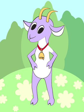Cute cartoon goat on a meadow with a bell around his neck. illustrationの写真素材