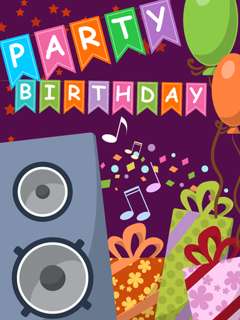 Birthday card with audio speakers, gifts and flags. illustrationの写真素材