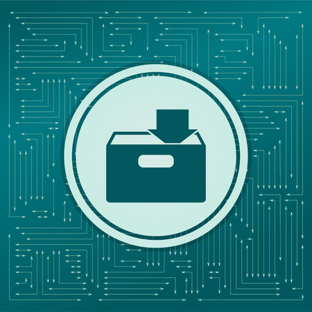 download to hdd icon on a green background, with arrows in different directions. It appears on the electronic board. illustrationの写真素材