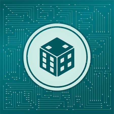 game cube icon on a green background, with arrows in different directions. It appears on the electronic board. illustrationの写真素材