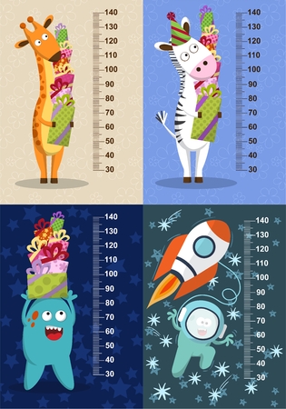 Cartoon giraffe with gifts on a beige background. Stadiometer. illustrationの写真素材