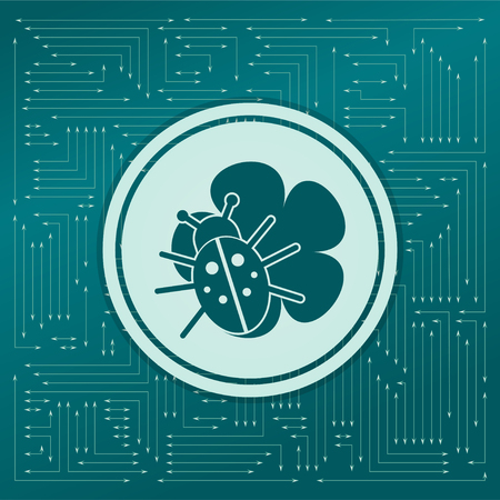 beetle on a leaf icon on a green background, with arrows in different directions. It appears on the electronic board. illustrationの写真素材