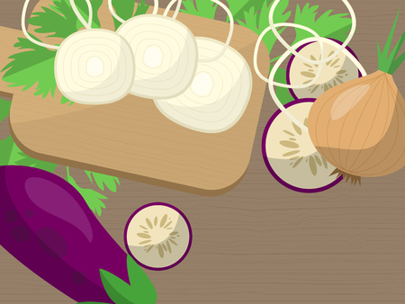 Set with onions, eggplant, parsley and kitchen plates on a table with space for your advertising. illustrationの写真素材