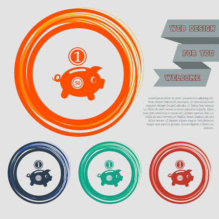 Piggy bank and dollar coin icon on the red, blue, green, orange buttons for your website and design with space text. illustrationの写真素材