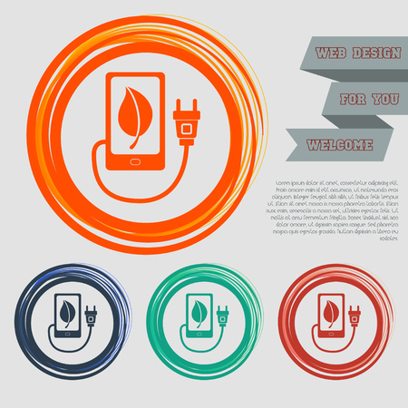 charge eco power, usb cable is connected to the phone icon on the red, blue, green, orange buttons for your website and design with space text. illustrationの写真素材