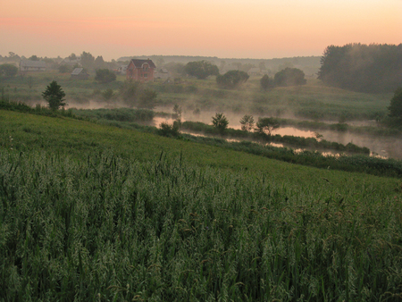 fog rising up the lake in the valley at dawn before sunrise, among the fieldsの写真素材