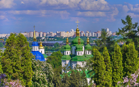 Cyril Church with green domes on the background of Dnipro River and panorama of myth. Kiev. Ukraineの写真素材