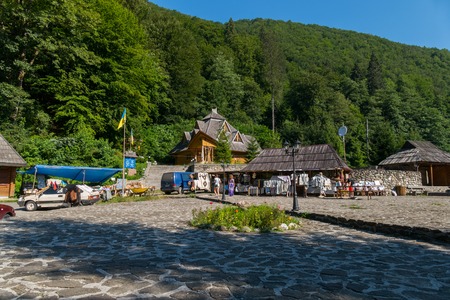 a souvenir bazaar on a stone square near the mountains for attracting touristsの写真素材