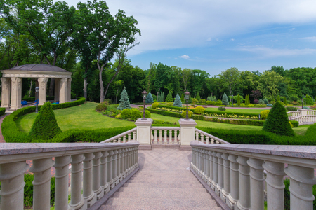 Go down to the alley of the park with crested green bushes and gazeboの写真素材