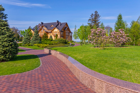 road against the background of fir trees, blooming magnolias and country housesのeditorial素材