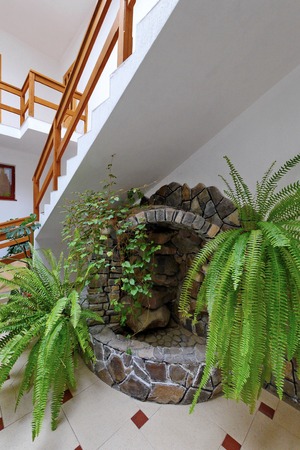 composition of an artificial fountain of ivy and fern under the stairsの写真素材