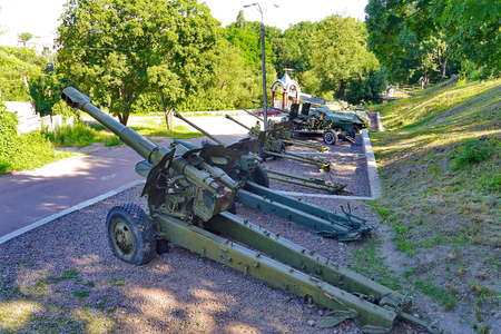 military open-air museum on the background of a thick broad forestの写真素材