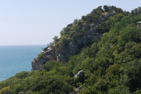 Lush green trees and shrubs on the slope of a huge rocky mountainの写真素材