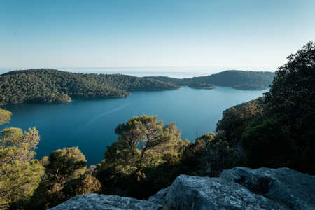 Nice hike view of a lake, ocean and islands at Mljet island, Croatia Europeの写真素材