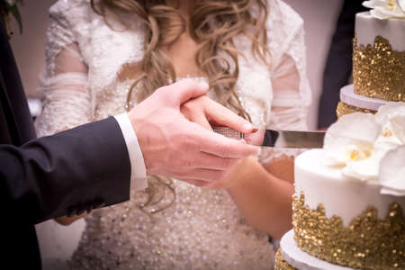 Close-up of a newlywed couples hands cutting their wedding cake.の写真素材
