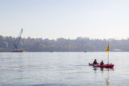NORTH VANCOUVER, BC, CANADA - OCT 28, 2017: Kayakers participating in a protest of the Kinder Morgan...