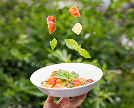 Plate of spaghetti marinara with fresh tomatoes and basil suspended in the air above it