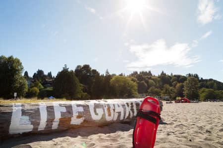 A lifeguard buoy in the sand in front of a log with lifeguard written on it.の写真素材