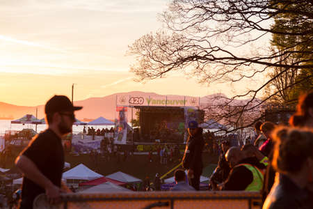 VANCOUVER, BC, CANADA - APR 20, 2019: Overview of the crowds and vendors at the 420 festival in English Bay, Vancouver.のeditorial素材
