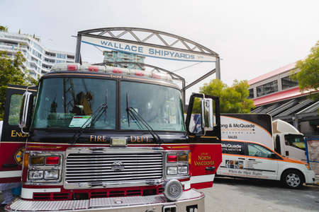 NORTH VANCOUVER, BC, CANADA - JUNE 9, 2019: A North Vancouver city fire truck parked at Lonsdale...