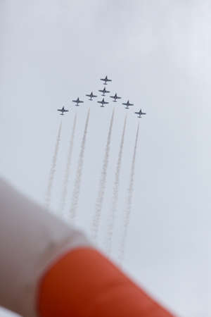 ABBOTSFORD, BC, CANADA - AUG 11, 2019: The RCAF Snowbirds performing aerobatic maneuvers at the Abbotsford International Airshow.のeditorial素材