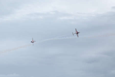 ABBOTSFORD, BC, CANADA - AUG 11, 2019: The RCAF Snowbirds performing aerobatic maneuvers at the...