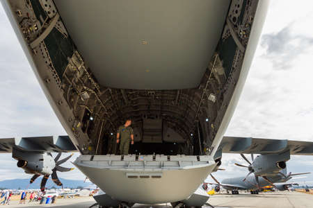 ABBOTSFORD, BC, CANADA - AUG 11, 2019: German Airforce Airbus A400 static display at the Abbotsford...