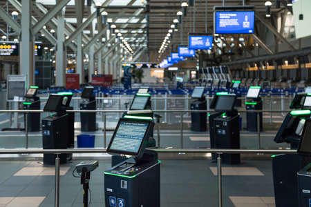 RICHMOND, BC, CANADA - MAR 29, 2020: International departures section of YVR which is nearly empty...