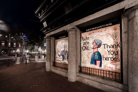DOWNTOWN VANCOUVER, BC, CANADA - APR 05, 2020: Saturday night in Gastown that is now completely...