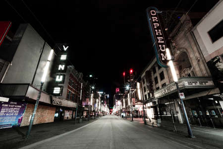 DOWNTOWN VANCOUVER, BC, CANADA - APR 05, 2020: Saturday night on an empty Granville street due to business closures amid the Covid 19 pandemic.のeditorial素材