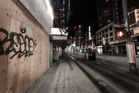 DOWNTOWN VANCOUVER, BC, CANADA - APR 05, 2020: Saturday night on an empty Granville street due to business closures amid the Covid 19 pandemic.のeditorial素材