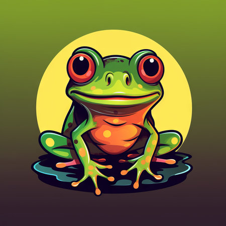 Smiling green frog with big red eyesの素材