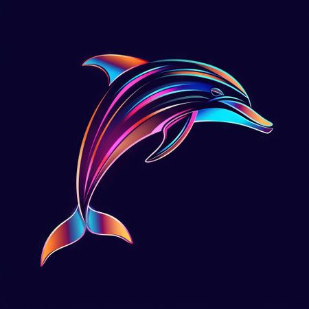 Abstract neon dolphin leaping on a dark background.の素材