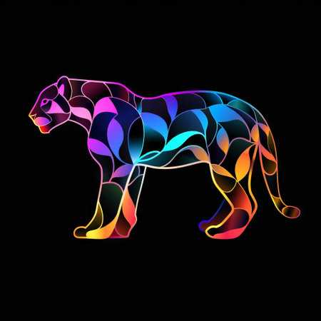 A colorful, abstract panther silhouette on a black background.の素材