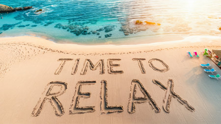 Time to relax written on a sandy beach with turquoise waterの素材