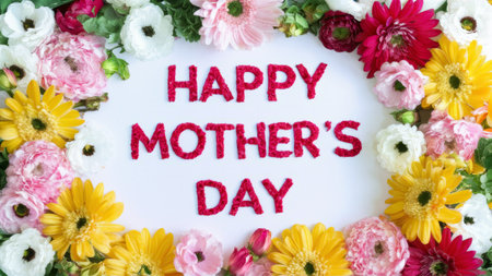 Happy Mother's Day background with colorful flowers and white space for textの素材