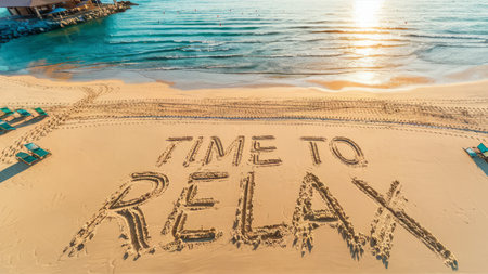 Time to relax sign on the beach at sunrise time - vintage filterの素材