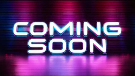 Neon sign reading 'Coming Soon' against a dark background.の素材