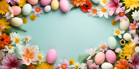 Pastel Easter eggs and colorful flowers on a blue background.の素材