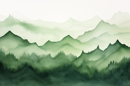 Abstract watercolor painting of mountains and fog in shades of green.の素材