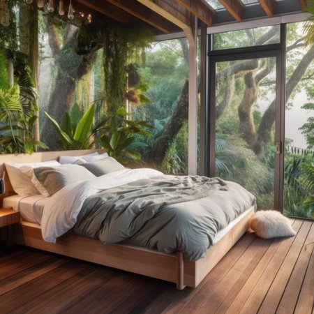 A bedroom with a view of lush greenery through large windows. The bed has a green duvet and white pillows.の素材