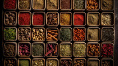 An assortment of spices in small wooden containers.の素材