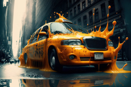 A yellow taxi cab is covered in a vibrant orange liquid, creating a surreal and eye-catching scene.の素材