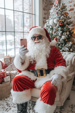 Santa Claus checks his list on his phone.の素材