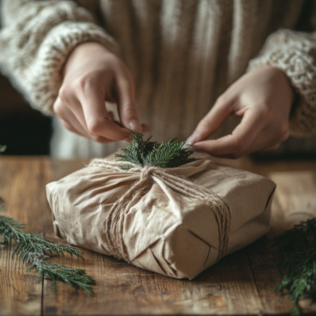 Woman's hands wrapping a gift with twine and greenery.の素材