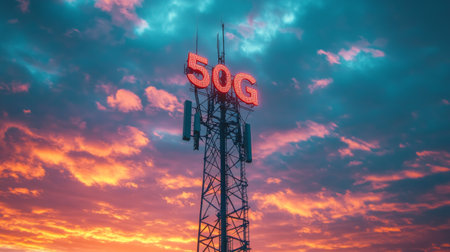 A 5G cell tower against a colorful sunset sky.の素材