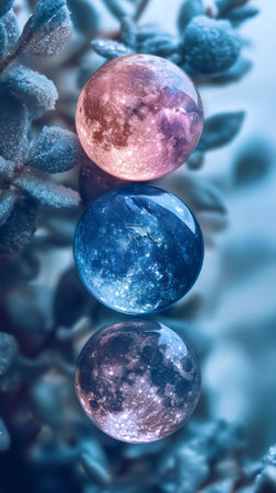 Three glass orbs with celestial designs hang from a frosty branch.の素材
