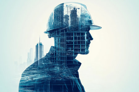 Construction worker's silhouette with cityscape overlayの素材