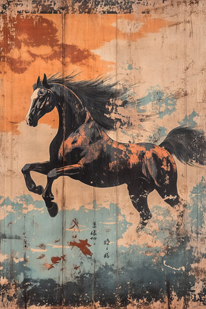 A vintage, black horse leaps across a worn wooden background.の素材